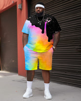 Men's Large Size Street Cartoon Color Block Starry Sky Graffiti Short-Sleeved Shorts Set